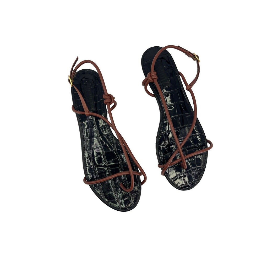 Schutz Malta Flat Sandals Size 9 Strappy Leather Brown Black Croc Boho Minimal